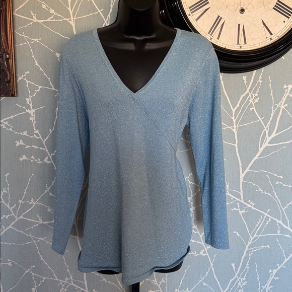 new addition Tops - New Additions Blue Shimmer Maternity Top Medium Stretchy V Neck